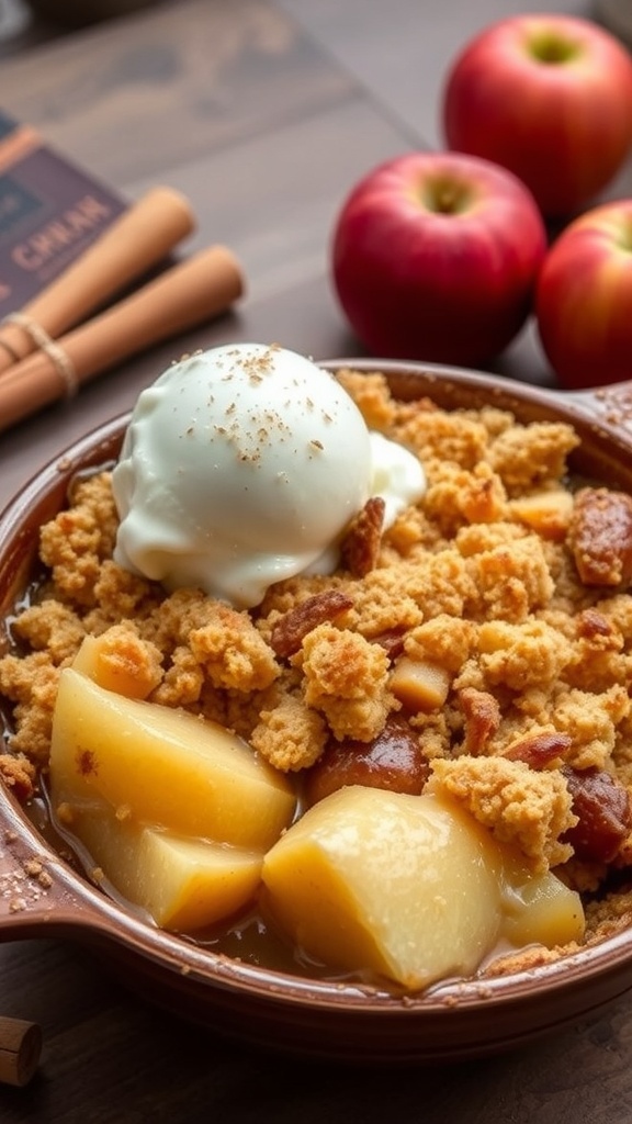 Classic Apple Crumble Recipe A delicious apple crumble with crispy topping and a scoop of ice cream on a rustic table.